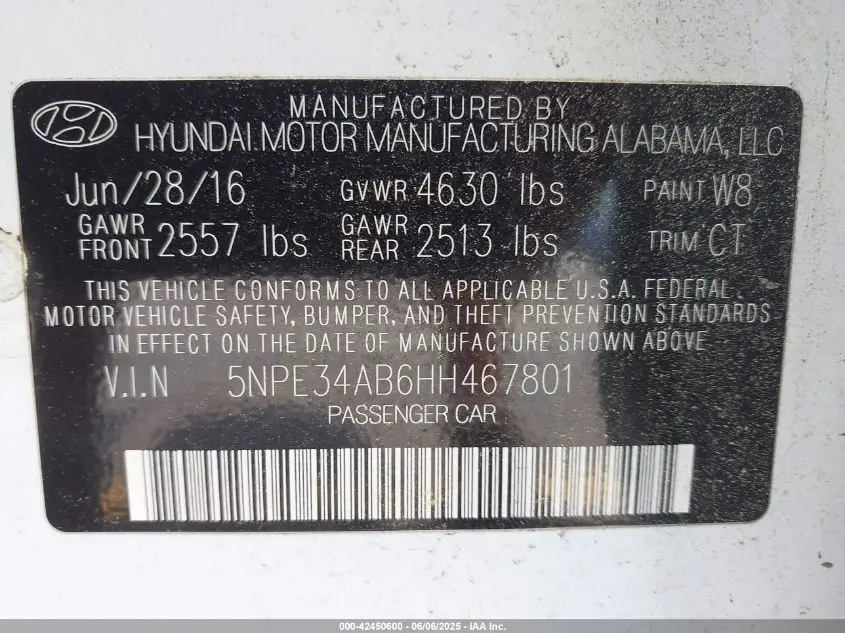 HYUNDAI SONATA 2017 WHITE Photo 15