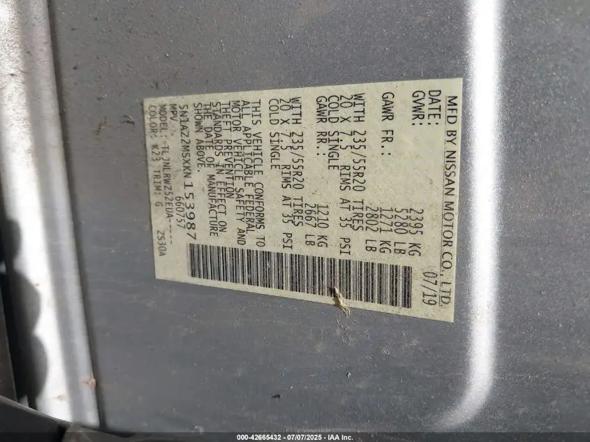 NISSAN MURANO 2019 GRAY Photo 19